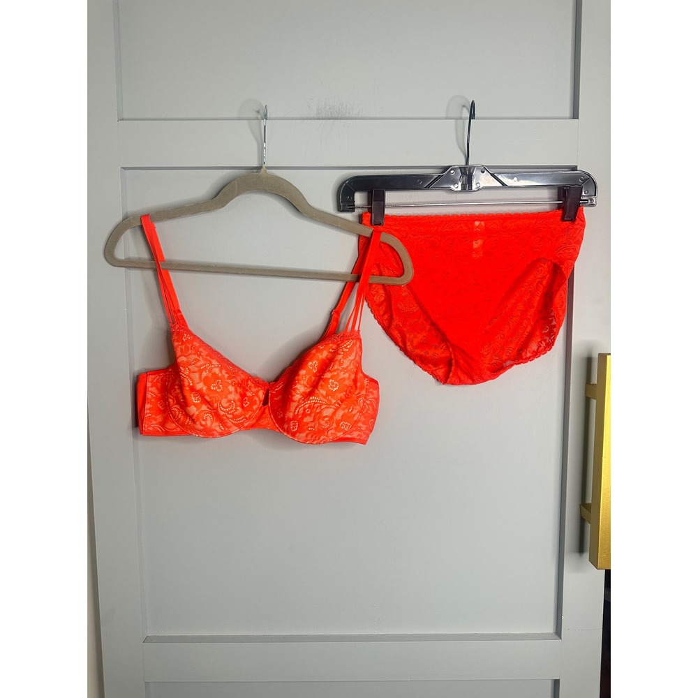 Soma Enticing Lift Balconet Bra 36C and Lace Panty Set Neon Orange Floral